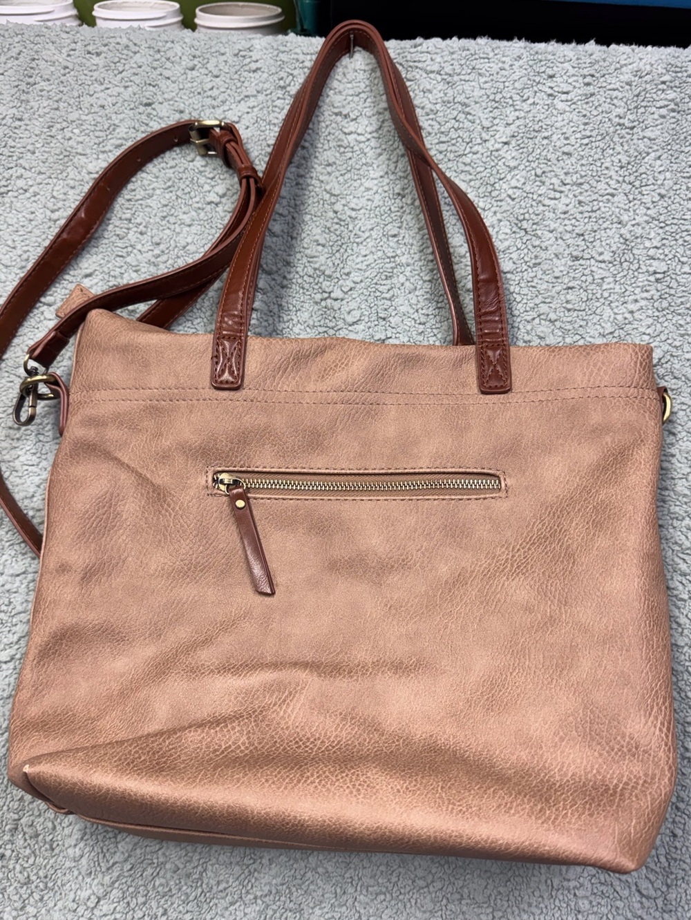Metallic Rose Shoulder Bag with Brown Trim and Adjustable Strap